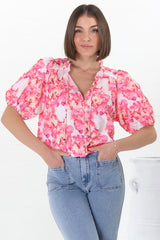 Neo Blouse - High Frill Collar Button Down Shirt in Franc Print Pink