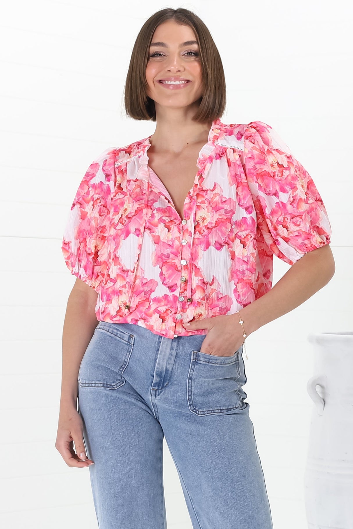 Neo Blouse - High Frill Collar Button Down Shirt in Franc Print Pink