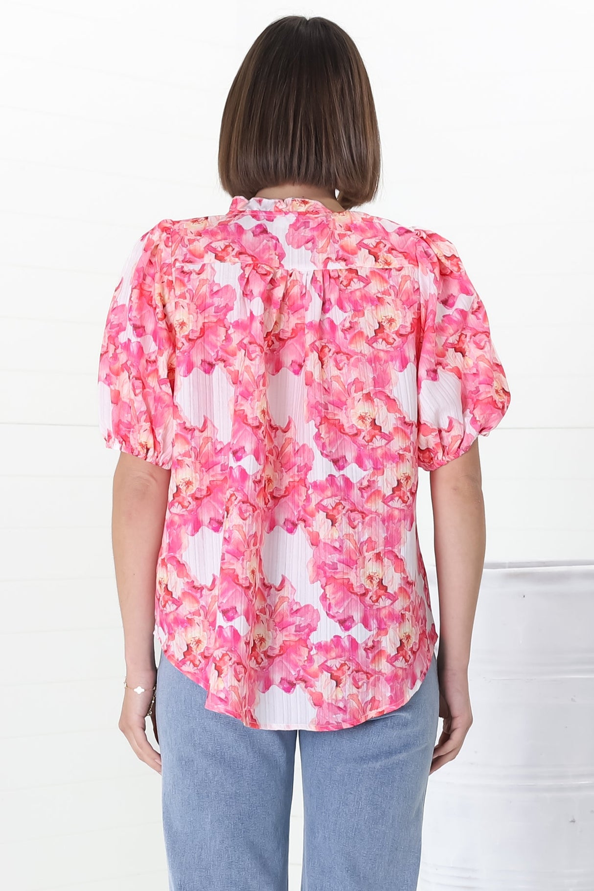 Neo Blouse - High Frill Collar Button Down in Franc Print Pink