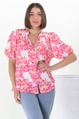 Neo Blouse - High Frill Collar Button Down in Franc Print Pink