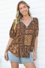 Neo Blouse - High Frill Collar Button Down Shirt in Mahalla Print