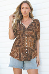 Neo Blouse - High Frill Collar Button Down Shirt in Mahalla Print