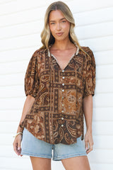 Neo Blouse - High Frill Collar Button Down Shirt in Mahalla Print