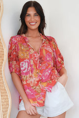 Neo Blouse - High Frill Collar Button Down Shirt in Mirella Print
