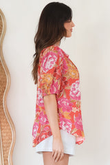 Neo Blouse - High Frill Collar Button Down Shirt in Mirella Print