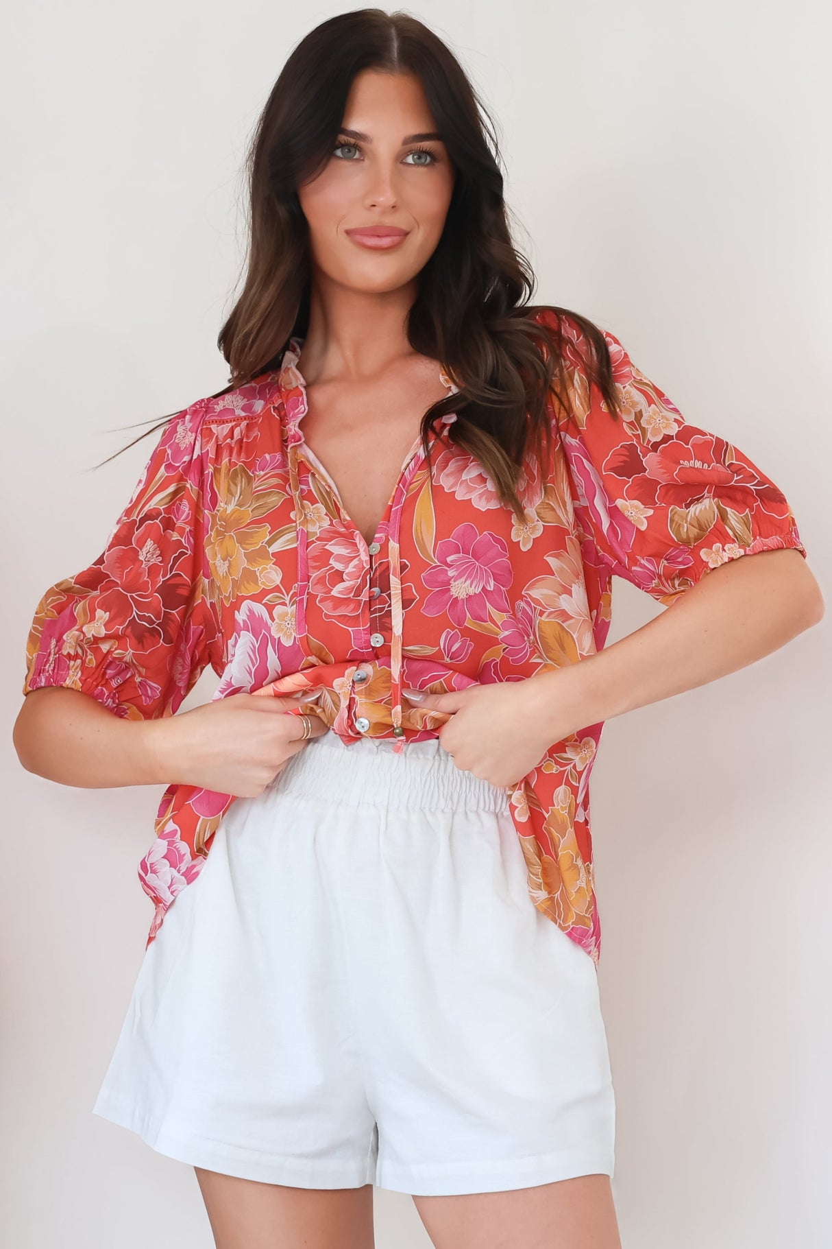 Neo Blouse - High Frill Collar Button Down Shirt in Mirella Print