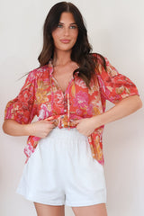 Neo Blouse - High Frill Collar Button Down Shirt in Mirella Print