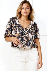 Neo Blouse - High Frill Collar Button Down Shirt in Sorrento Print Black