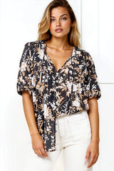 Neo Blouse - High Frill Collar Button Down Shirt in Sorrento Print Black