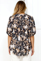Neo Blouse - High Frill Collar Button Down Shirt in Sorrento Print Black