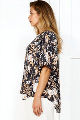 Neo Blouse - High Frill Collar Button Down Shirt in Sorrento Print Black