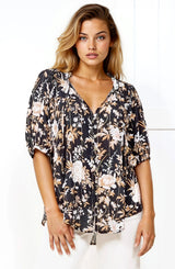 Neo Blouse - High Frill Collar Button Down Shirt in Sorrento Print Black