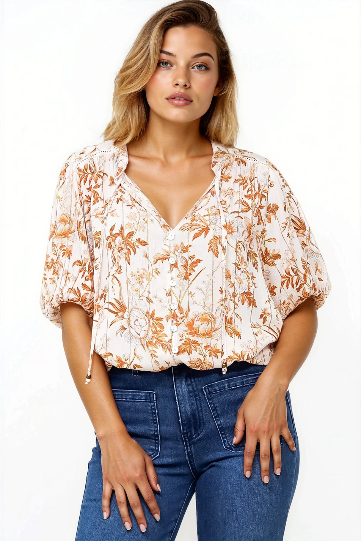 Neo Blouse - High Frill Collar Button Down Shirt in Sorrento Print Cream