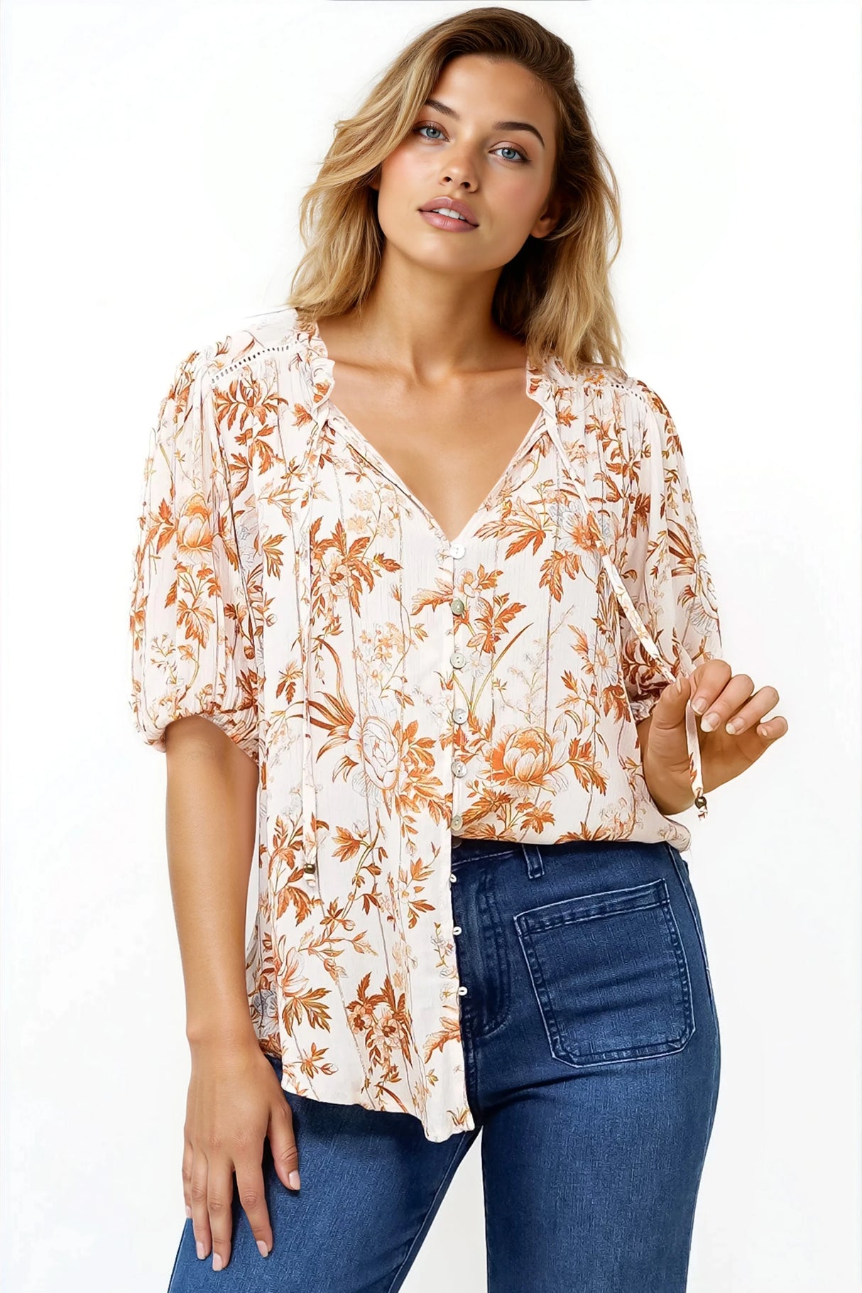 Neo Blouse - High Frill Collar Button Down Shirt in Sorrento Print Cream