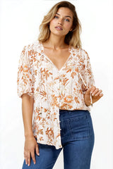 Neo Blouse - High Frill Collar Button Down Shirt in Sorrento Print Cream
