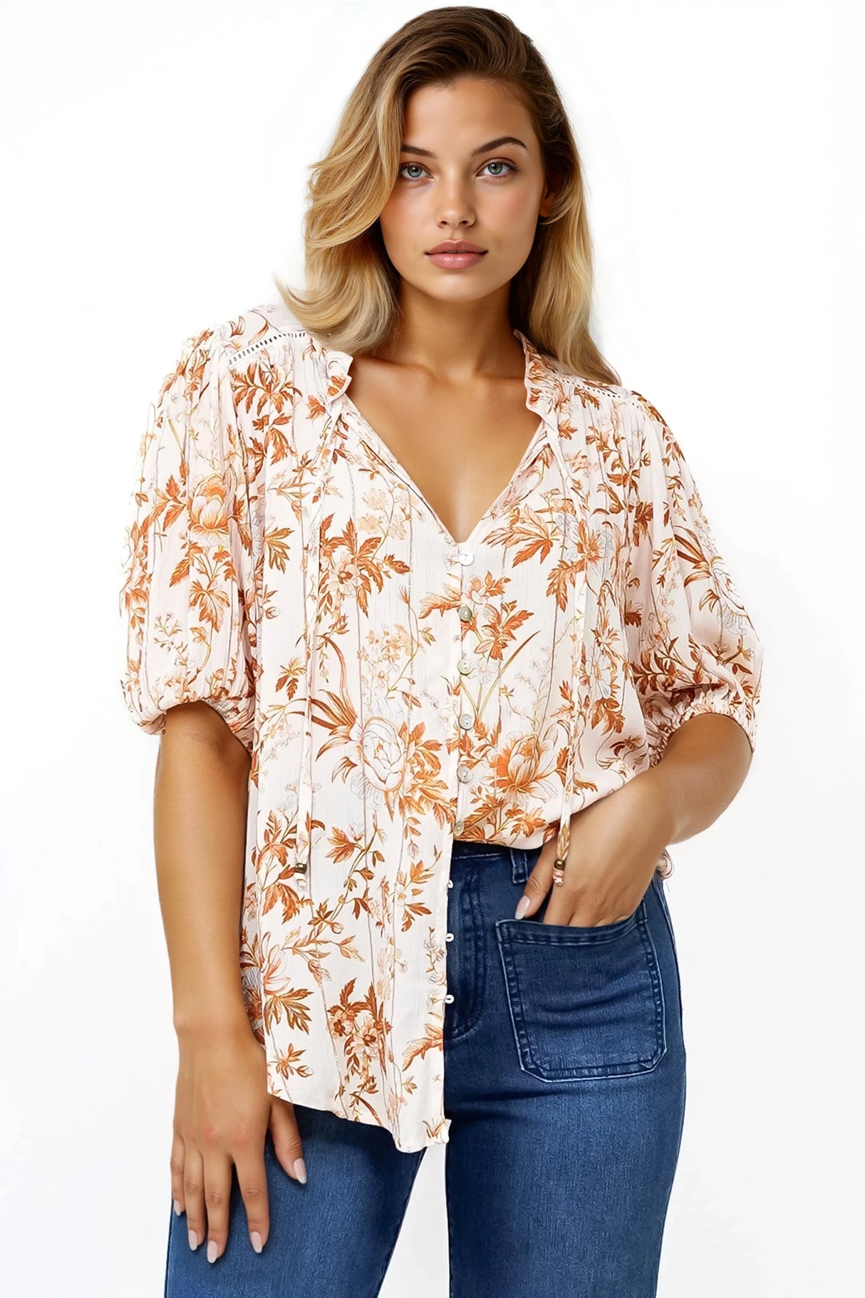 Neo Blouse - High Frill Collar Button Down Shirt in Sorrento Print Cream