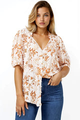 Neo Blouse - High Frill Collar Button Down Shirt in Sorrento Print Cream