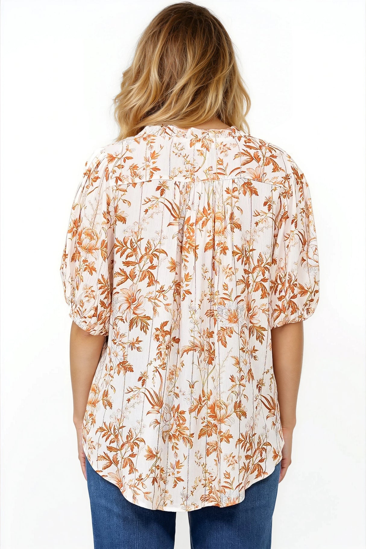 Neo Blouse - High Frill Collar Button Down Shirt in Sorrento Print Cream