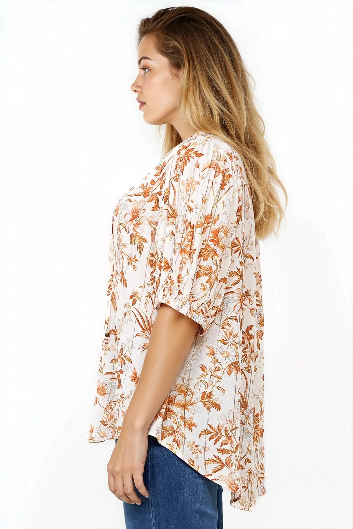 Neo Blouse - High Frill Collar Button Down Shirt in Sorrento Print Cream