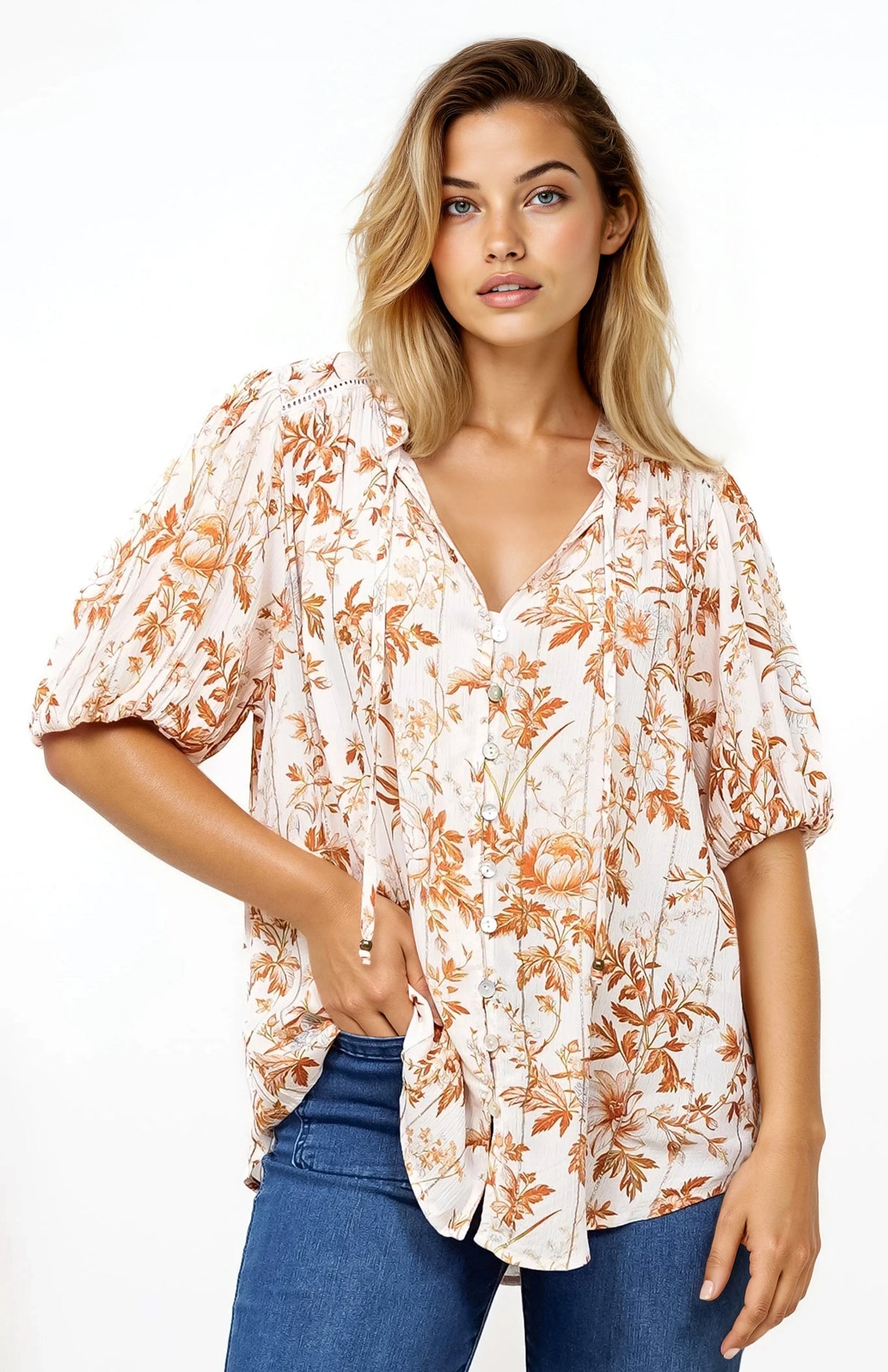 Neo Blouse - High Frill Collar Button Down Shirt in Sorrento Print Cream