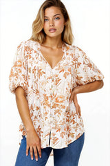 Neo Blouse - High Frill Collar Button Down Shirt in Sorrento Print Cream