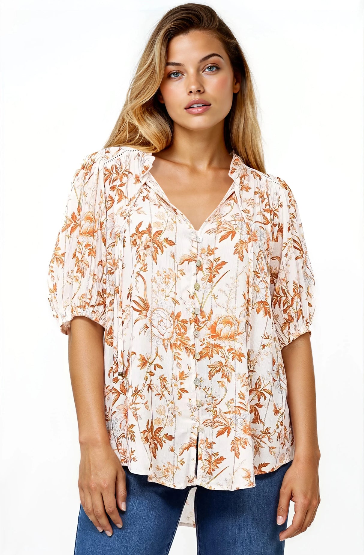 Neo Blouse - High Frill Collar Button Down Shirt in Sorrento Print Cream
