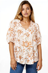 Neo Blouse - High Frill Collar Button Down Shirt in Sorrento Print Cream
