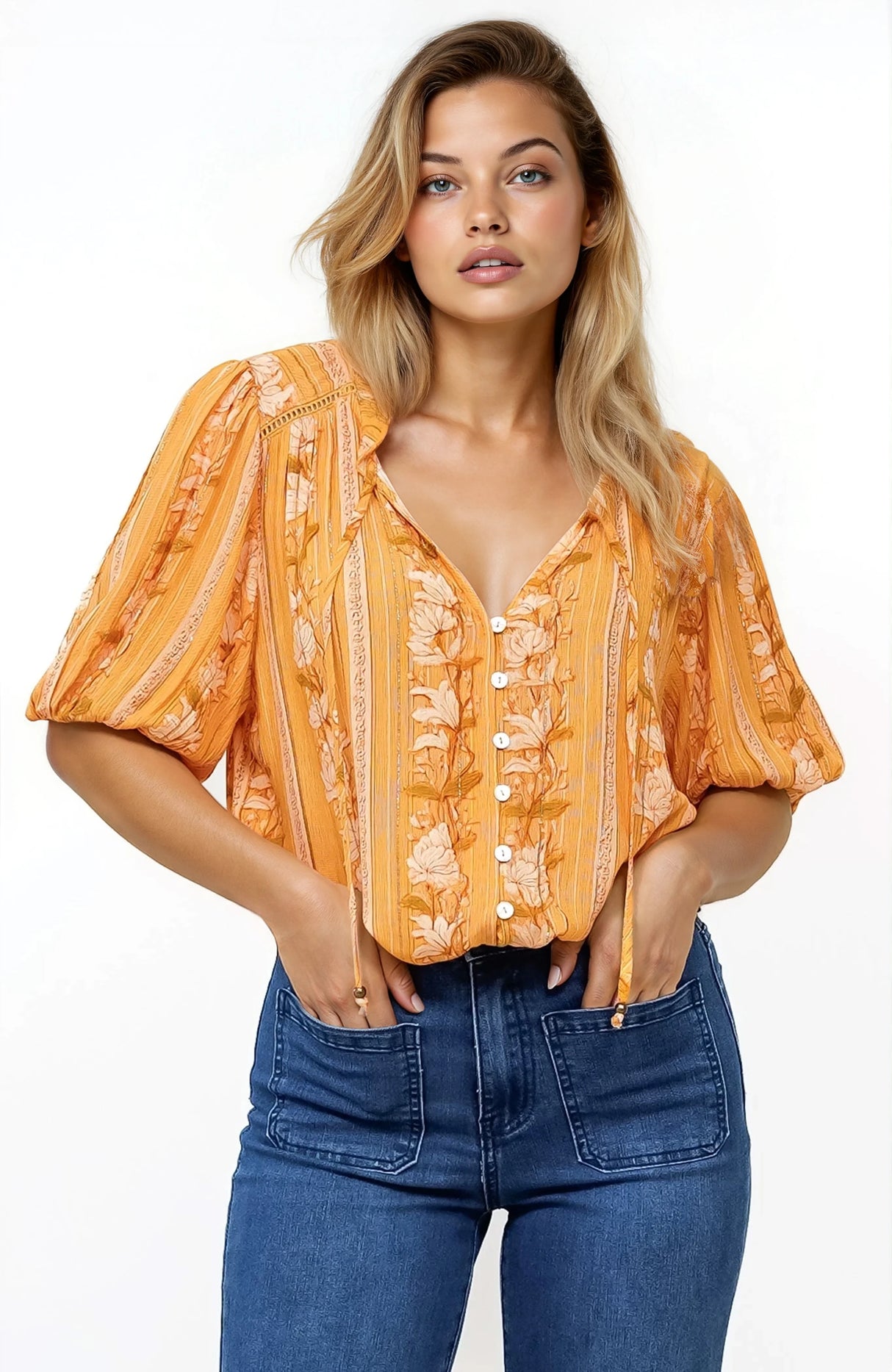 Neo Blouse - High Frill Collar Button Down Shirt in Totema Print