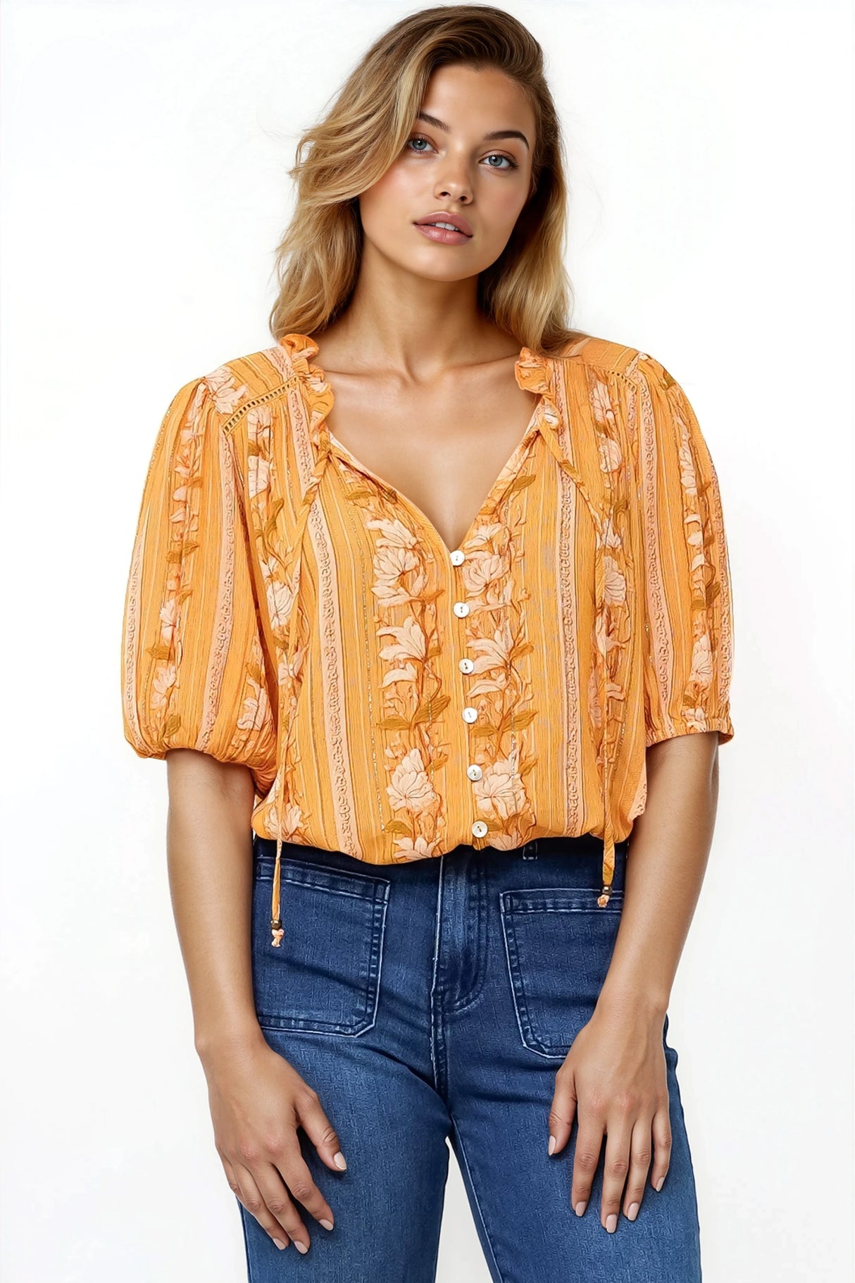 Neo Blouse - High Frill Collar Button Down Shirt in Totema Print