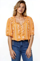 Neo Blouse - High Frill Collar Button Down Shirt in Totema Print