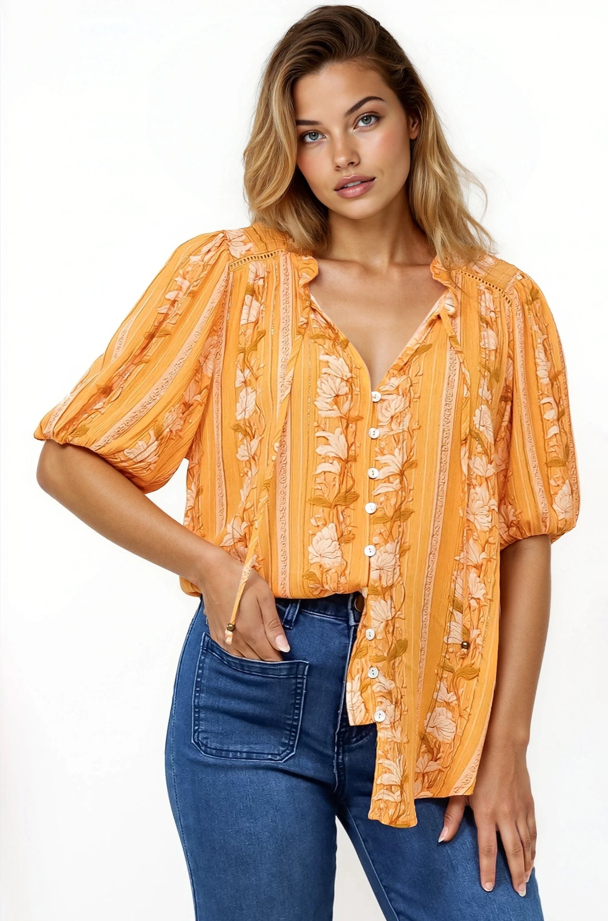Neo Blouse - High Frill Collar Button Down Shirt in Totema Print
