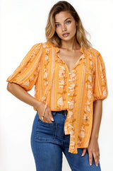 Neo Blouse - High Frill Collar Button Down Shirt in Totema Print