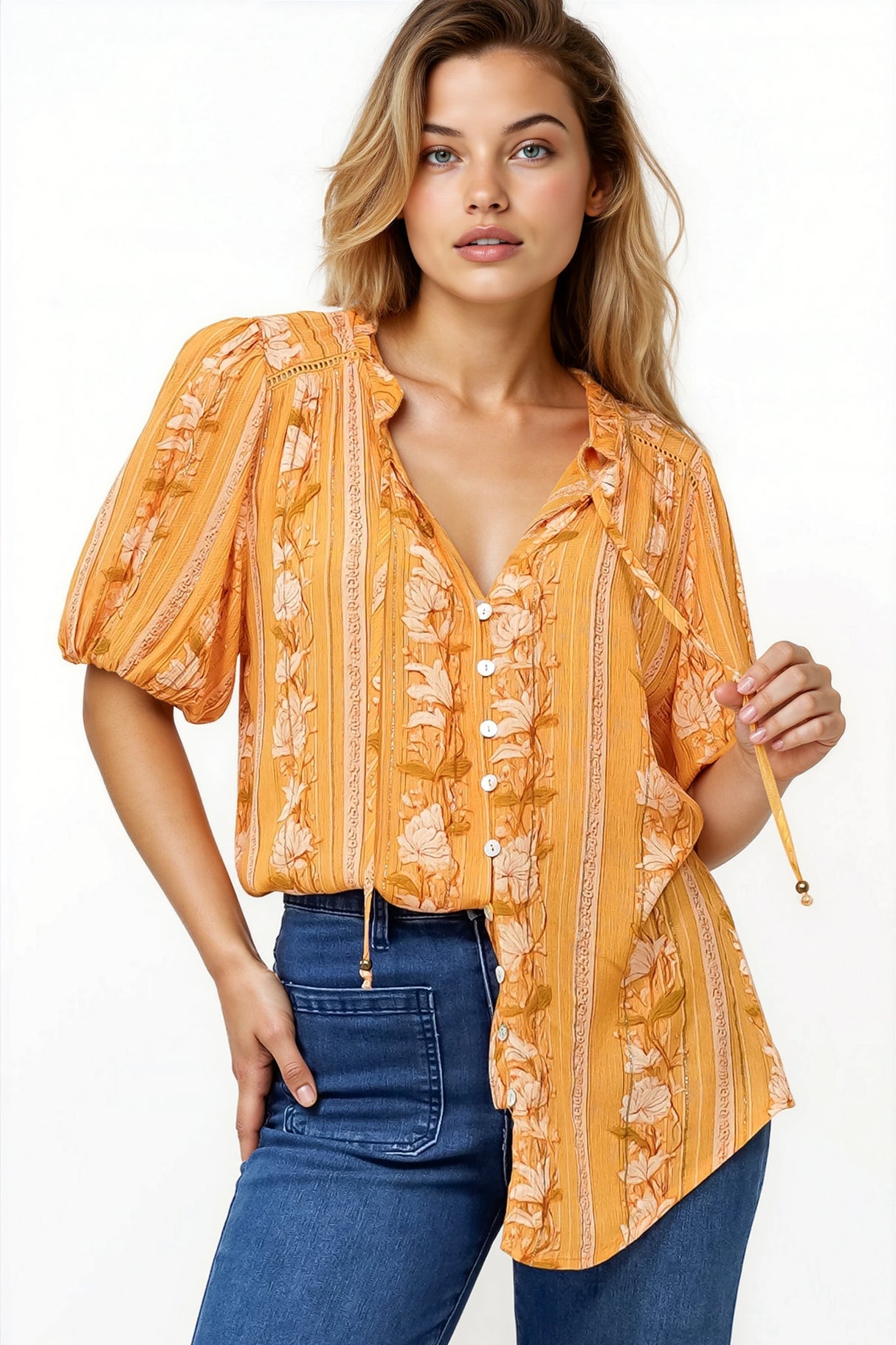 Neo Blouse - High Frill Collar Button Down Shirt in Totema Print