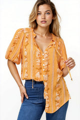 Neo Blouse - High Frill Collar Button Down Shirt in Totema Print