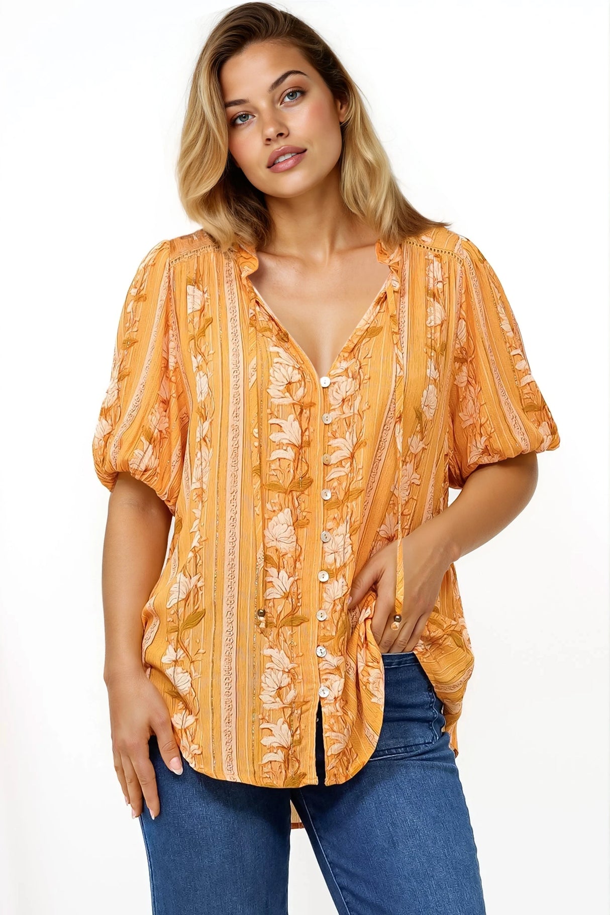 Neo Blouse - High Frill Collar Button Down Shirt in Totema Print