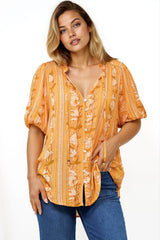 Neo Blouse - High Frill Collar Button Down Shirt in Totema Print