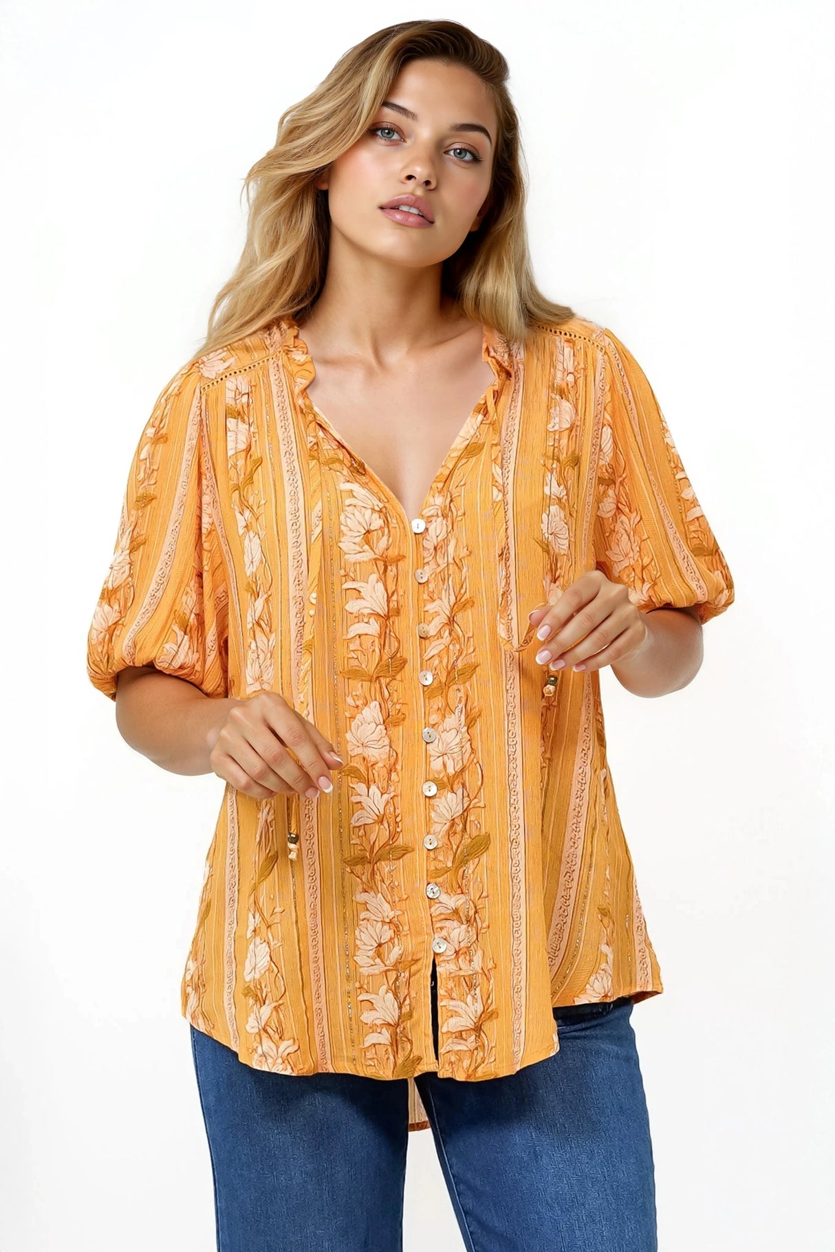 Neo Blouse - High Frill Collar Button Down Shirt in Totema Print