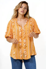 Neo Blouse - High Frill Collar Button Down Shirt in Totema Print