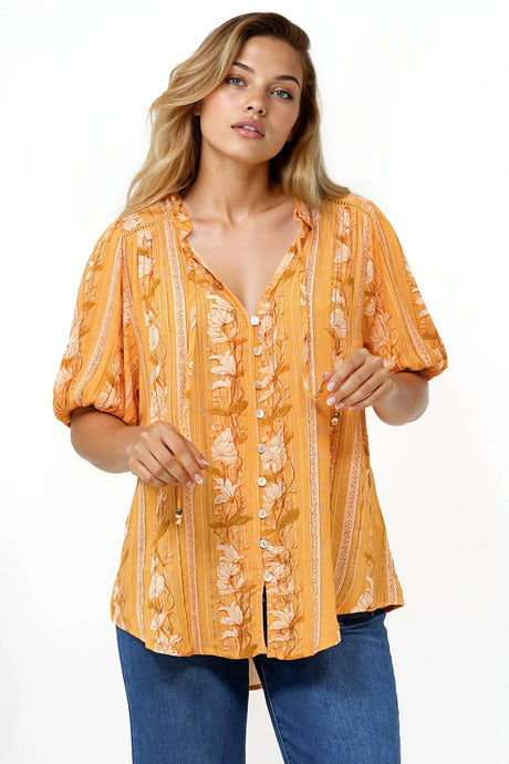Neo Blouse - High Frill Collar Button Down Shirt in Totema Print