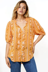 Neo Blouse - High Frill Collar Button Down Shirt in Totema Print