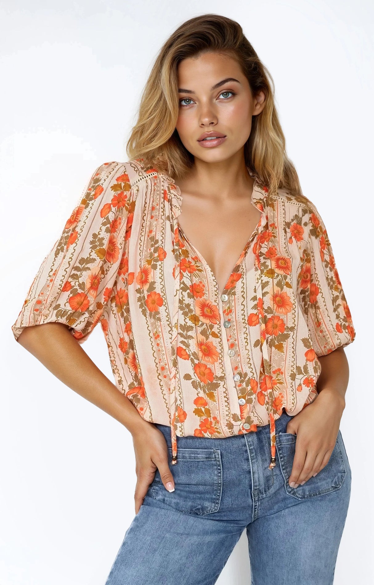Neo Blouse - High Frill Collar Button Down Shirt in Vondrosa Print