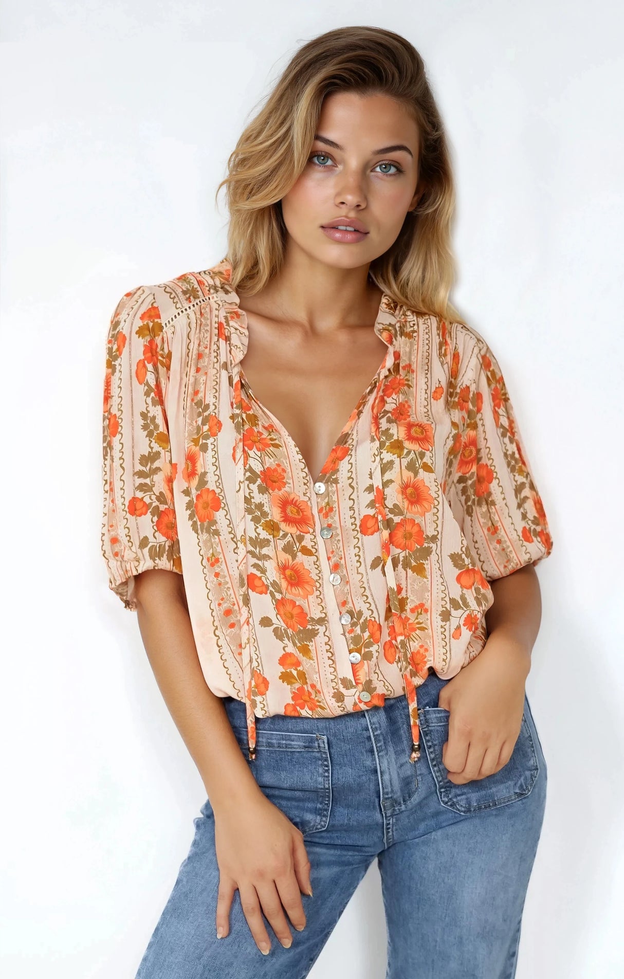 Neo Blouse - High Frill Collar Button Down Shirt in Vondrosa Print
