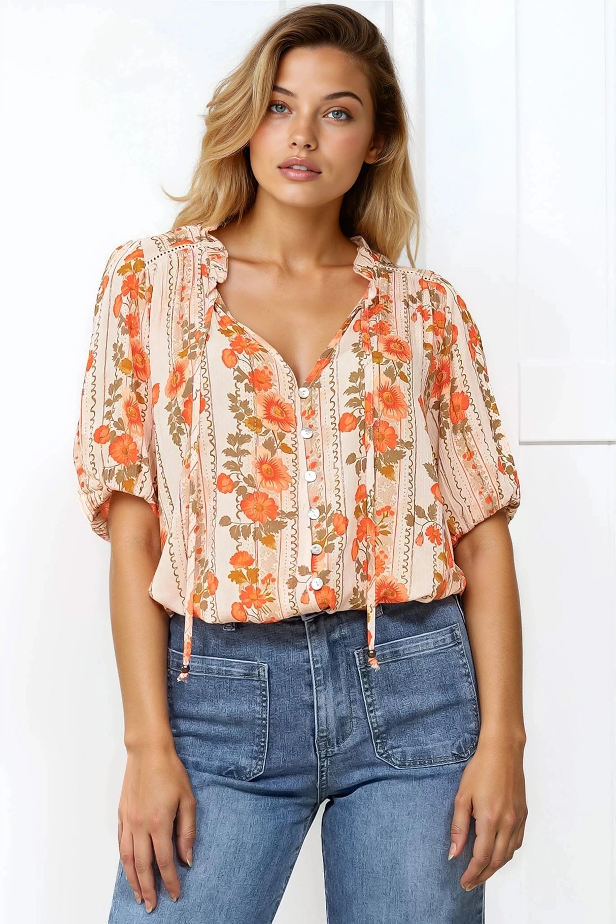 Neo Blouse - High Frill Collar Button Down Shirt in Vondrosa Print