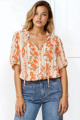 Neo Blouse - High Frill Collar Button Down Shirt in Vondrosa Print