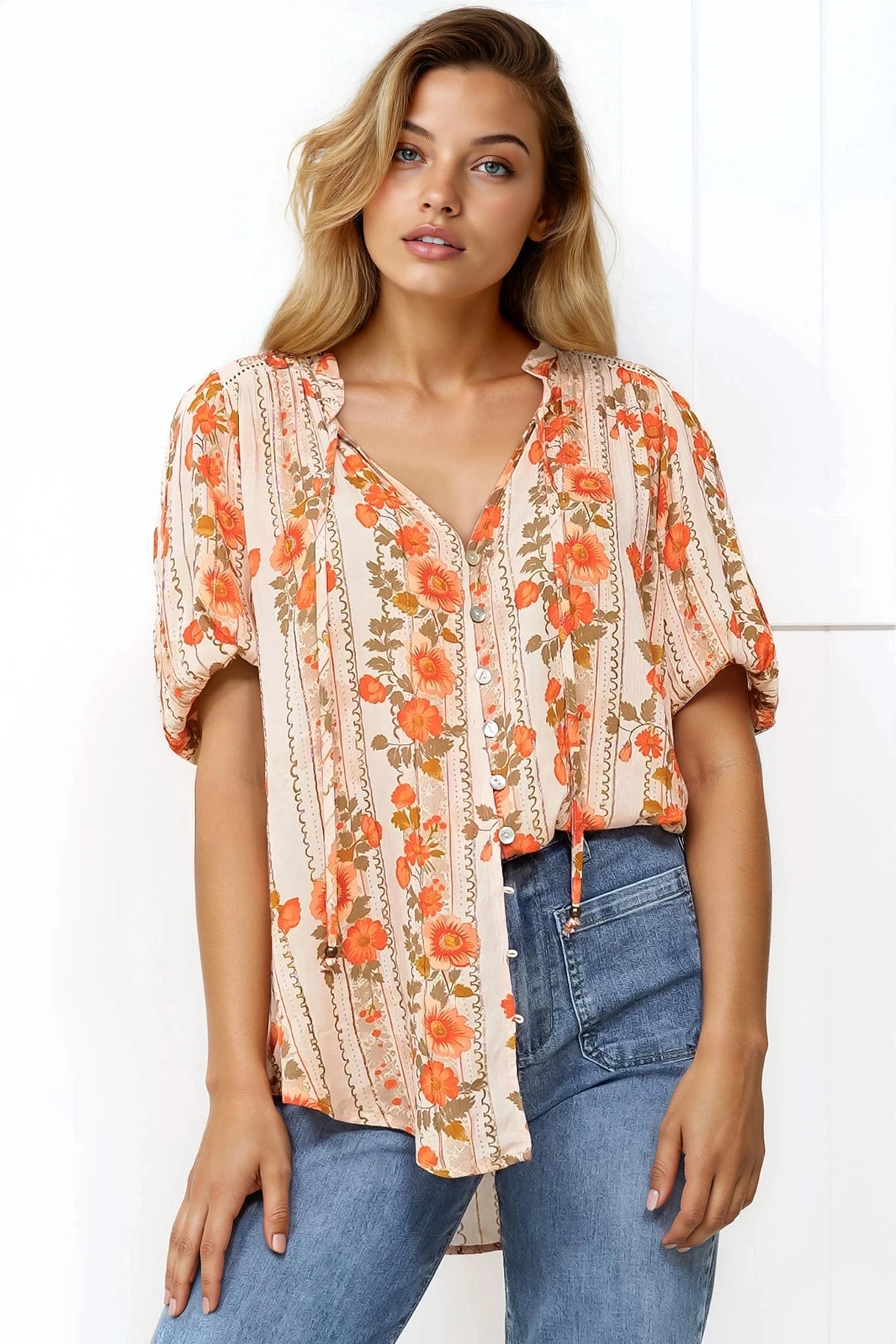 Neo Blouse - High Frill Collar Button Down Shirt in Vondrosa Print