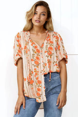 Neo Blouse - High Frill Collar Button Down Shirt in Vondrosa Print