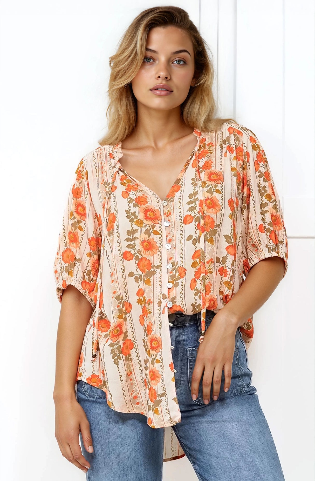 Neo Blouse - High Frill Collar Button Down Shirt in Vondrosa Print