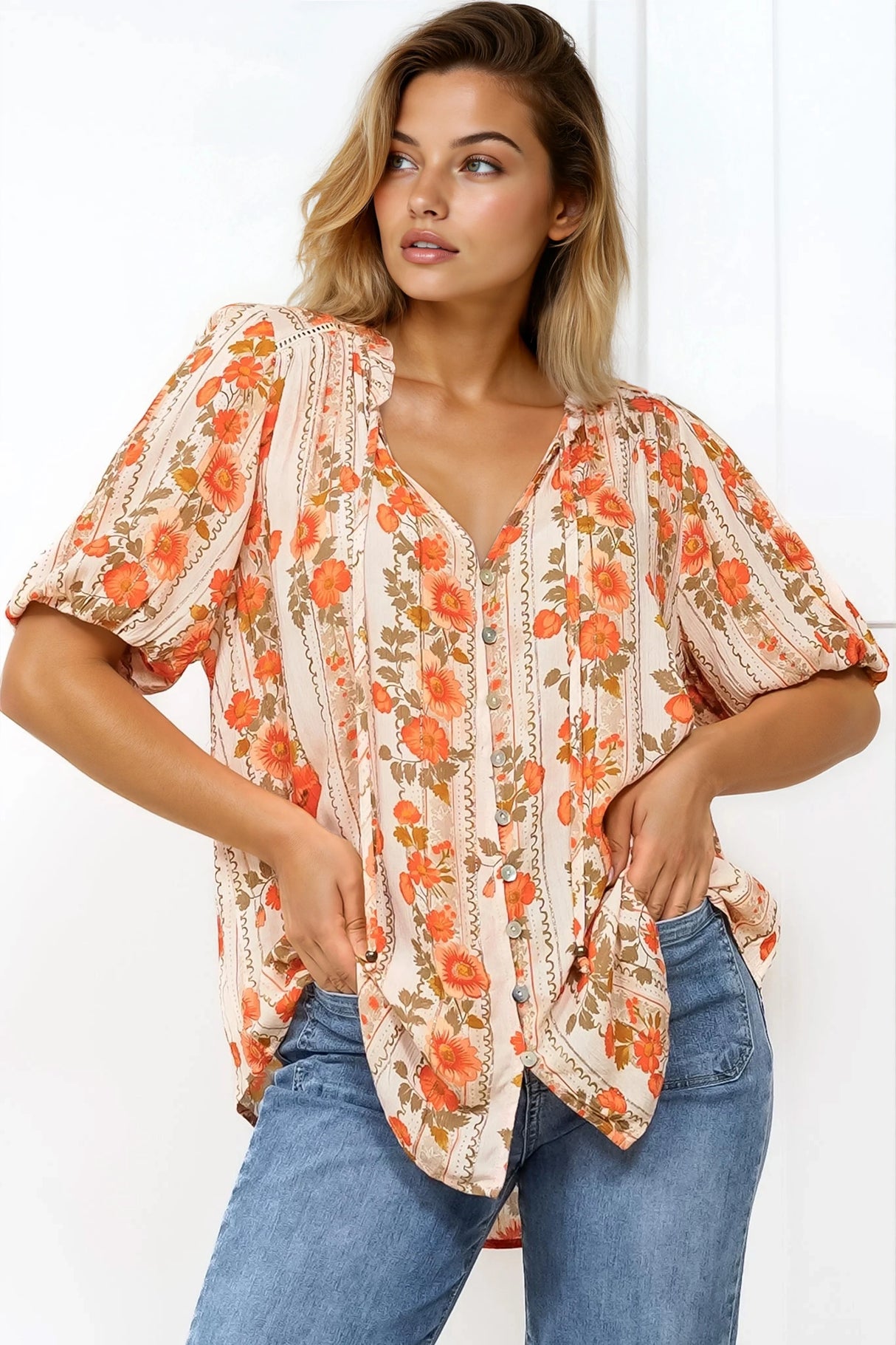 Neo Blouse - High Frill Collar Button Down Shirt in Vondrosa Print