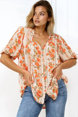 Neo Blouse - High Frill Collar Button Down Shirt in Vondrosa Print