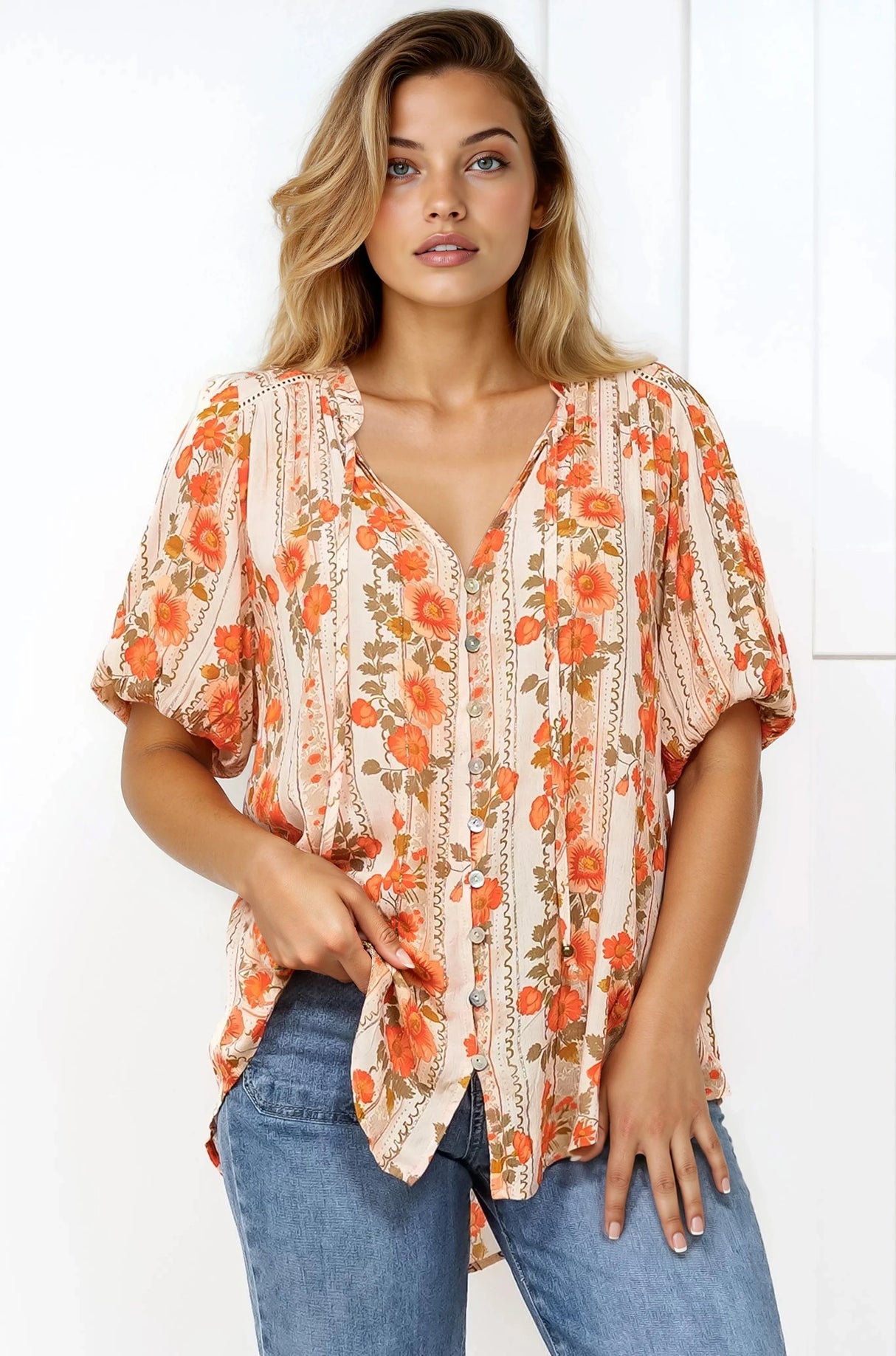 Neo Blouse - High Frill Collar Button Down Shirt in Vondrosa Print